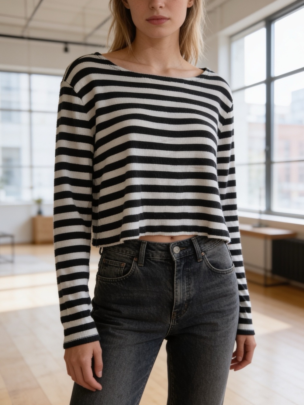Forever 21+ Black White Striped Boat Neck Long Sleeve Tee 2X